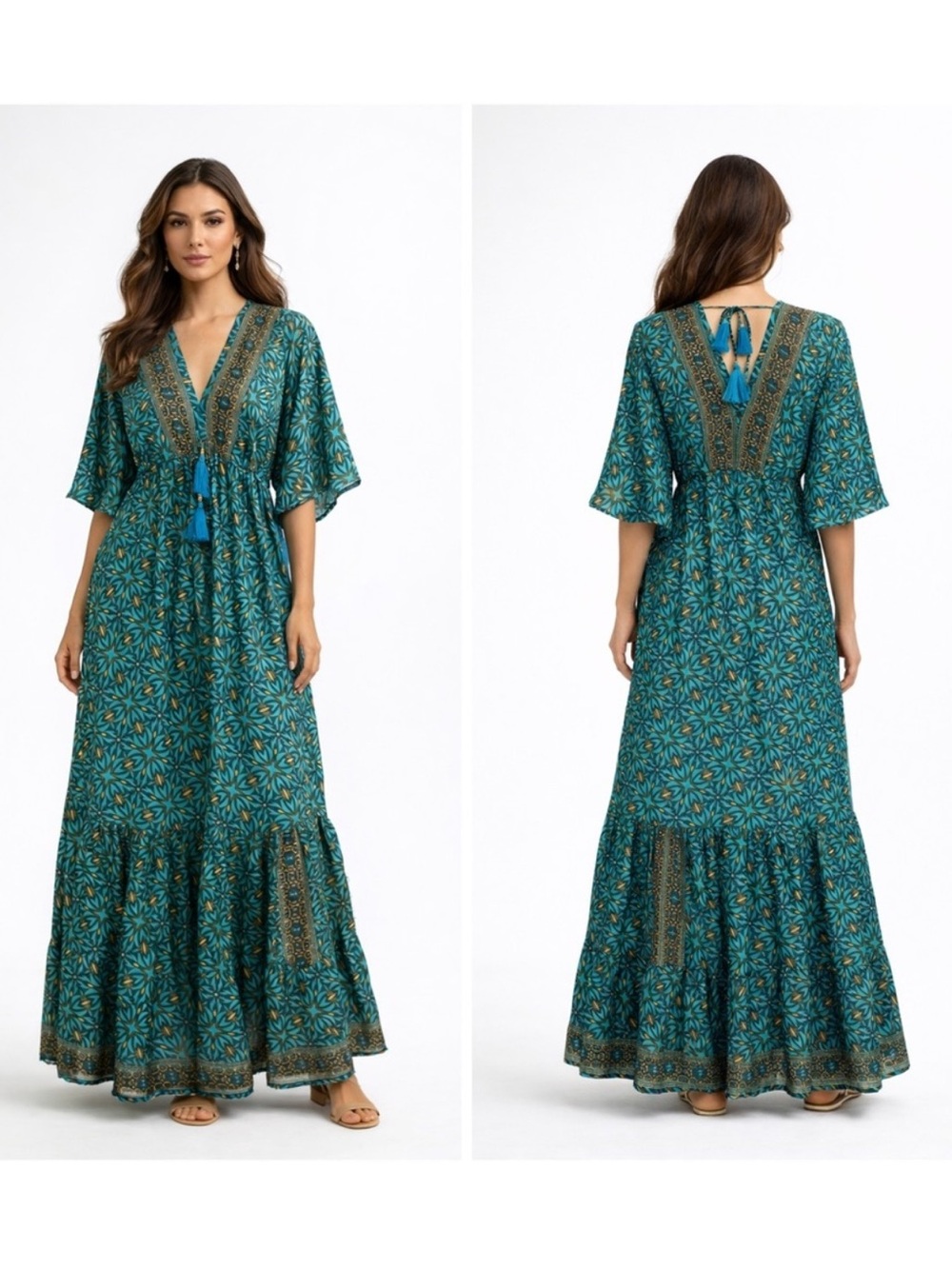 Zury Teal Floral Boho Maxi Dress V-Neck Tassel Tie Size M NWT​